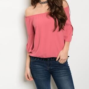 Off-shoulder Top Fringe Bottom Pink Blouse